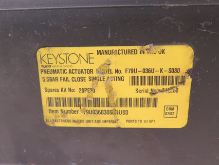 Keystone F79U-036U-K-S080 Pneumatic Actuator 5.5Bar Fail Close Single Acting - Advance Operations