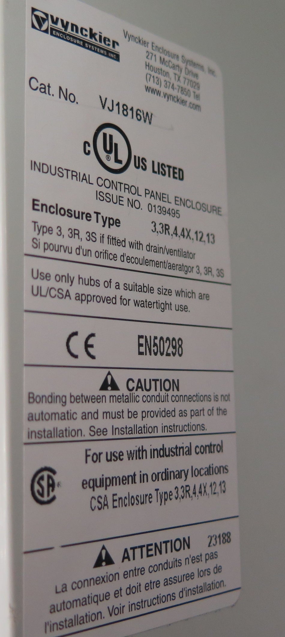 Vynckier VJ1816W Enclosure 4 Corner Screws 19.32 x 17.32 x 9.6 - Advance Operations