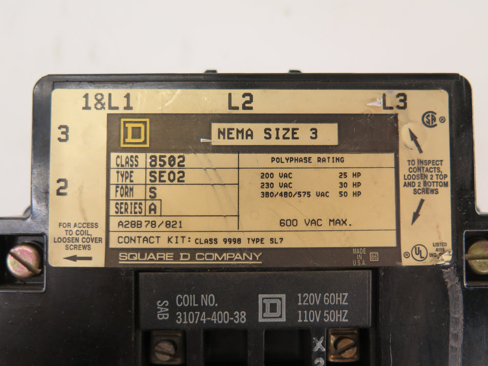 Schneider / Square D 8502SE02S Ser.A Contactor 600Vac Max 50HP - Advance Operations