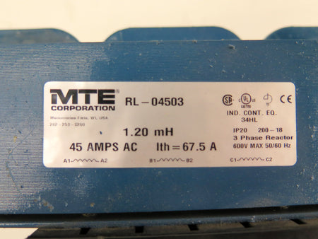 MTE RL-04503 Line Rector 1.20mH 45A 3 Phase 600Vac Max - Advance Operations