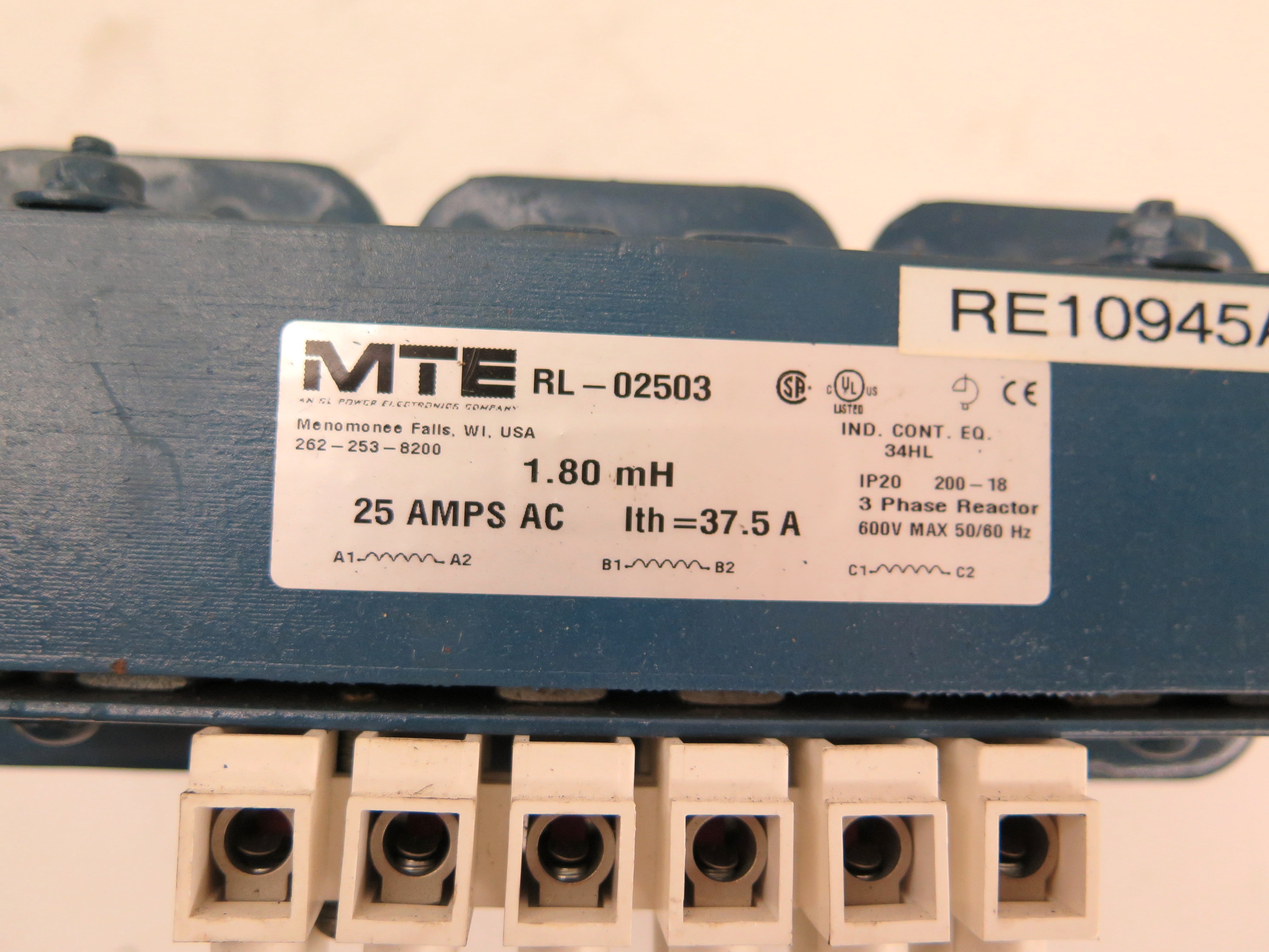 MTE RL-02503 Line Reactor 1.80mH 25A 3 Phase 600Vmax - Advance Operations