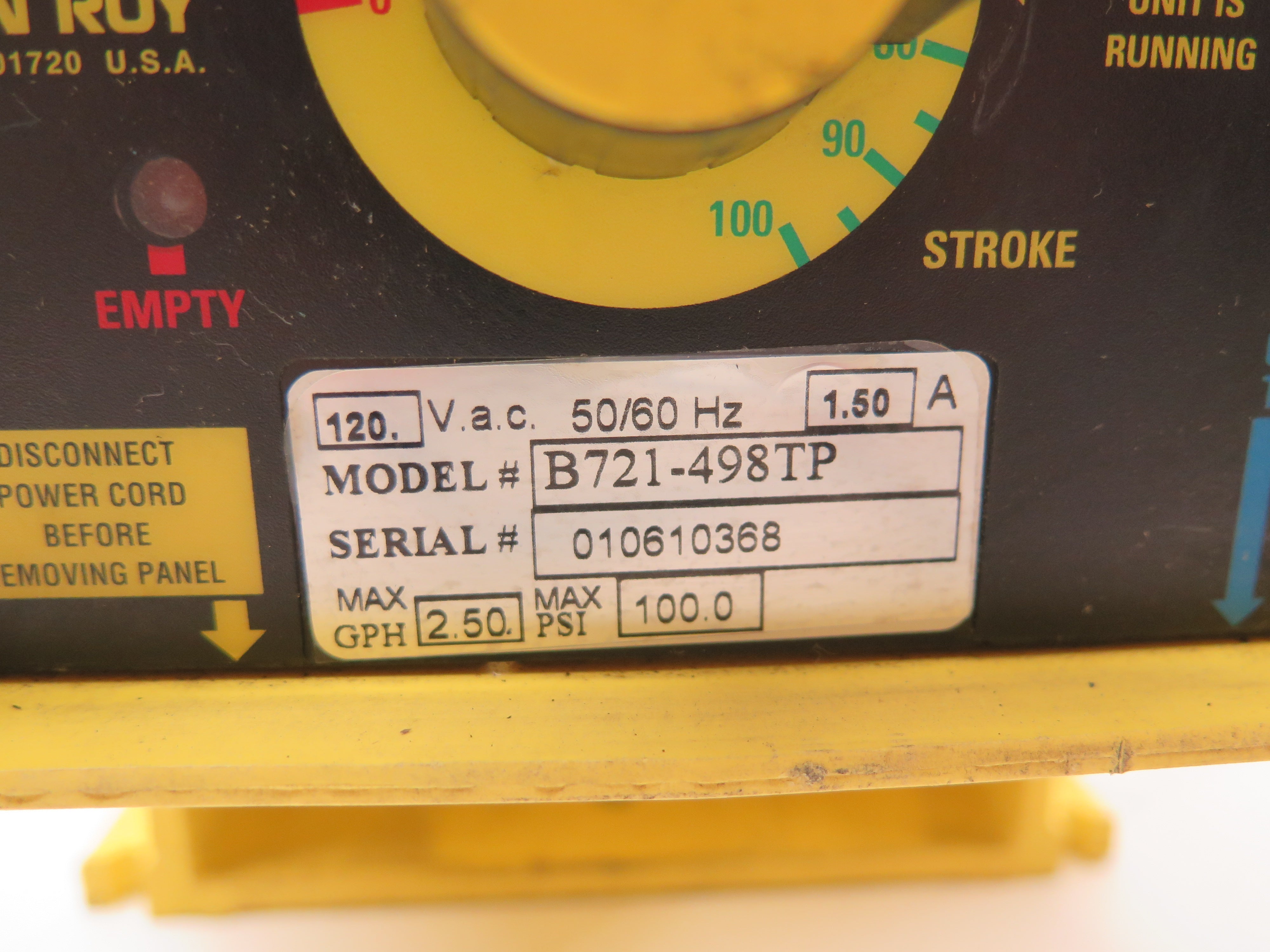LMI Milton Roy B721-498TP Metering Pump 120Vac 1.5A 2.50GPH Max 100Psi Max - Advance Operations