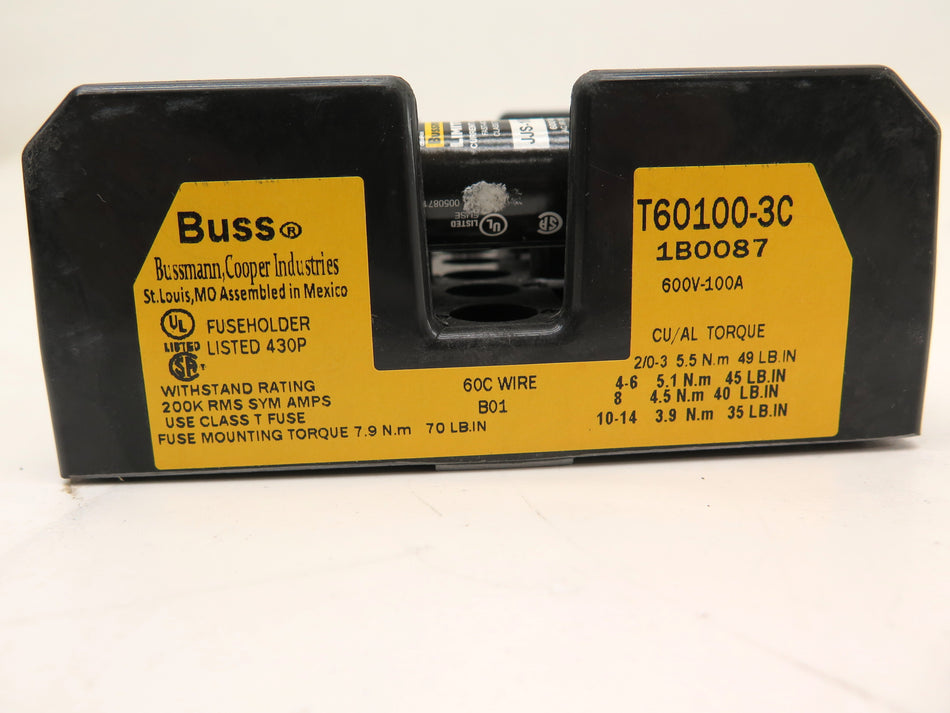 Buss T60100-3C Fuse Holder With (3) Bussmann JJS-100 Fuses 600Vac 100A - Advance Operations