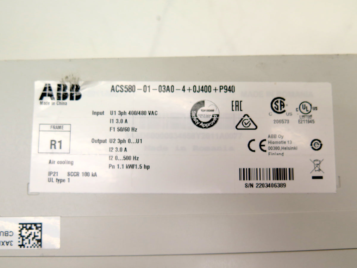 ABB ACS580-01-03A0-4 AC Drive 480Vac 3Ph 1.1kW 1.5Hp - Advance Operations