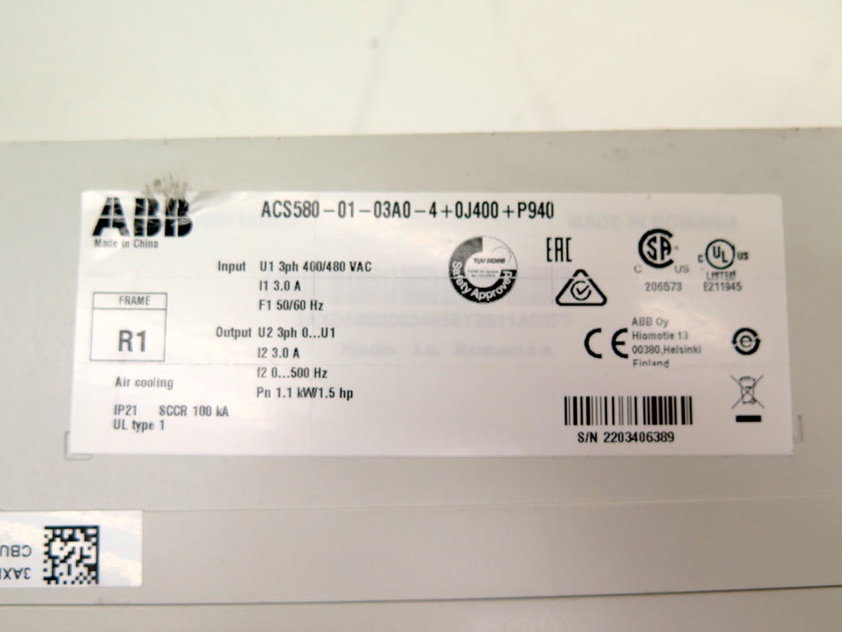 ABB ACS580-01-03A0-4 AC Drive 480Vac 3Ph 1.1kW 1.5Hp - Advance Operations
