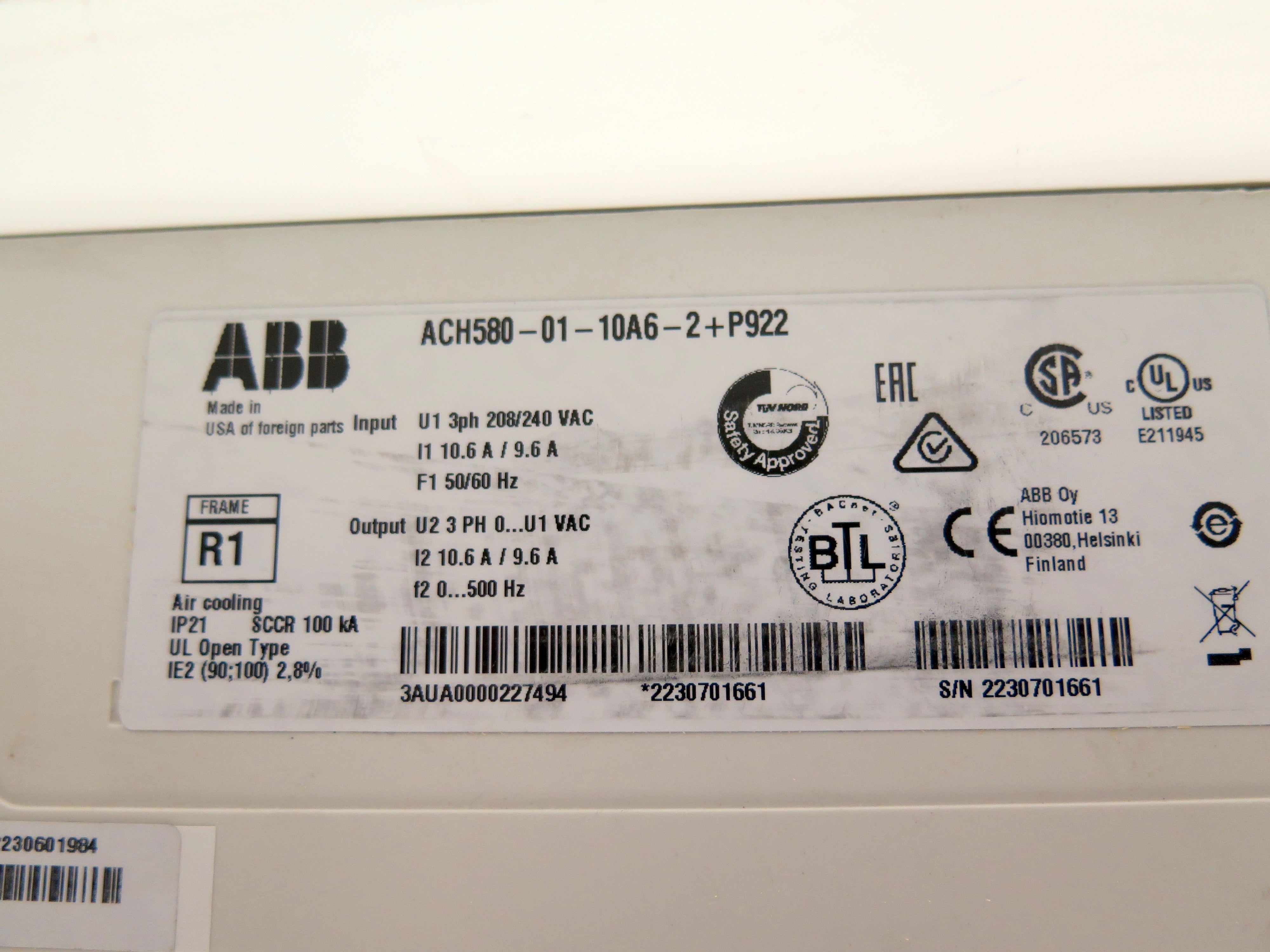 ABB ACH580-01-10A6-2 AC Drive 208-240Vac 10.6-9.6 3HP / 4.2KVA - Advance Operations