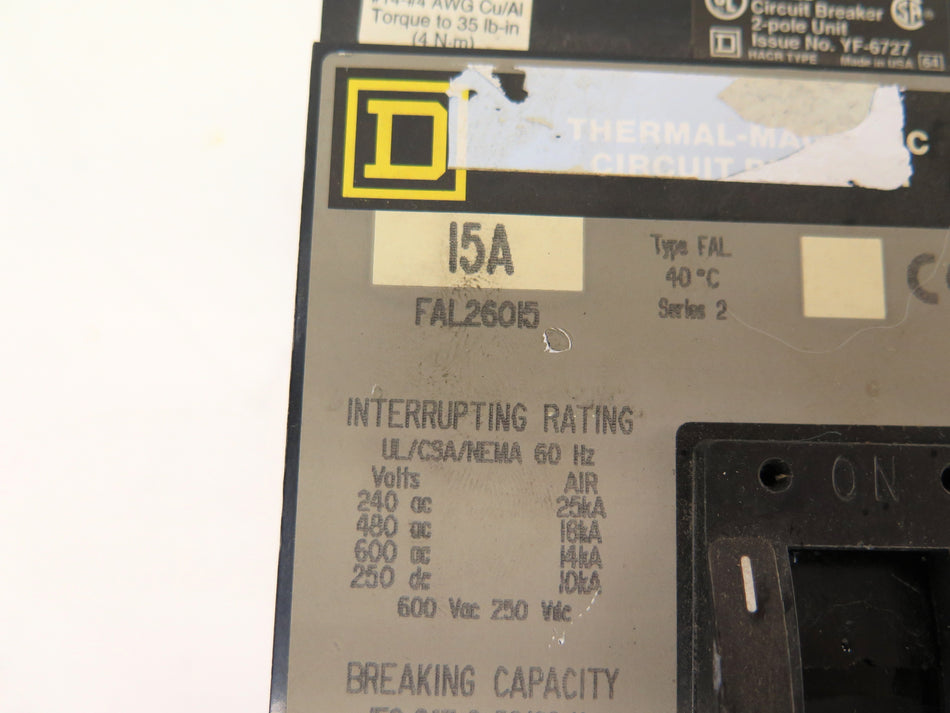 Square D FAL26015 Industrial Grade 15A Circuit Breaker 2 Pole - Advance Operations
