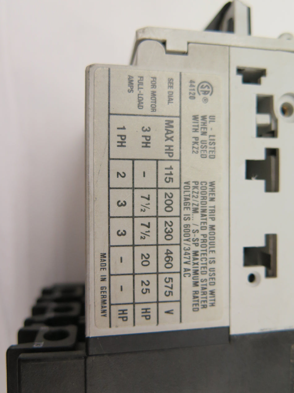 Klockner Moeller PKZ 2-SP / ZM-25-PKZ2 Motor Starter Module Overload - Advance Operations